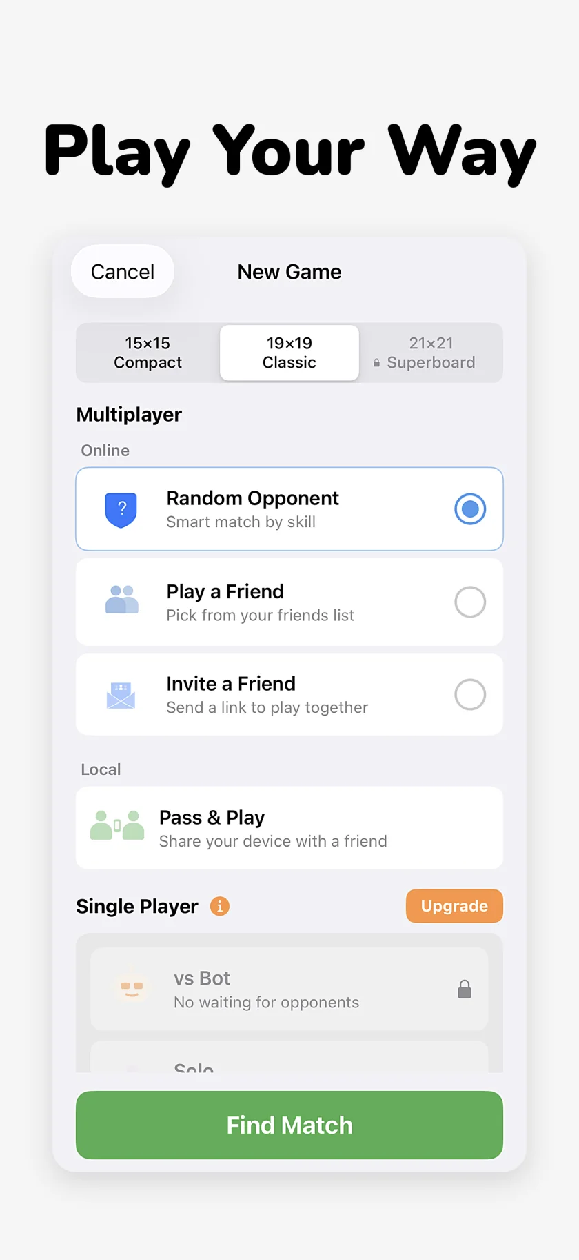 Play your way across three board sizes