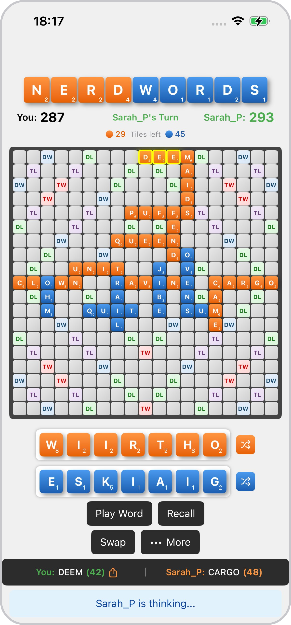 Nerd Words — full board gameplay with orange and blue tiles
