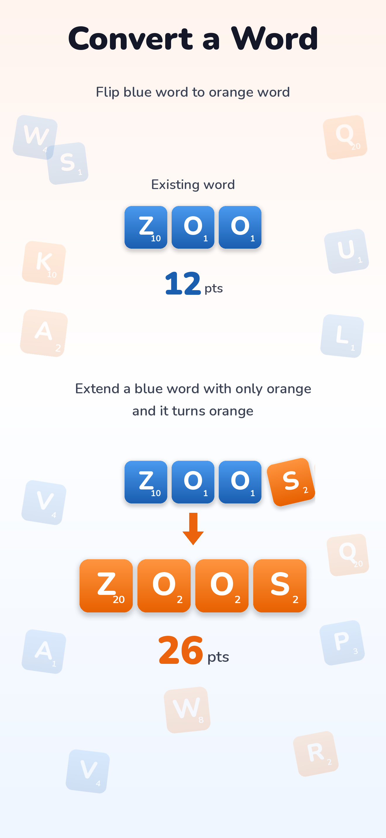 Convert a word from blue to orange