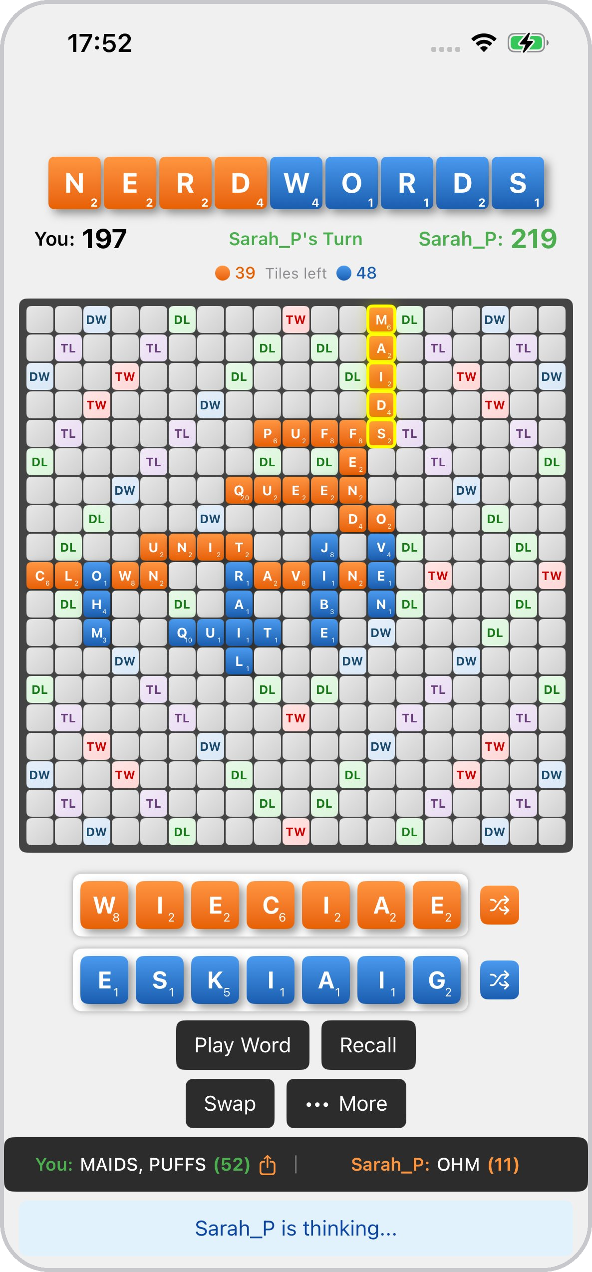 Nerd Words — mid game with orange and blue tiles